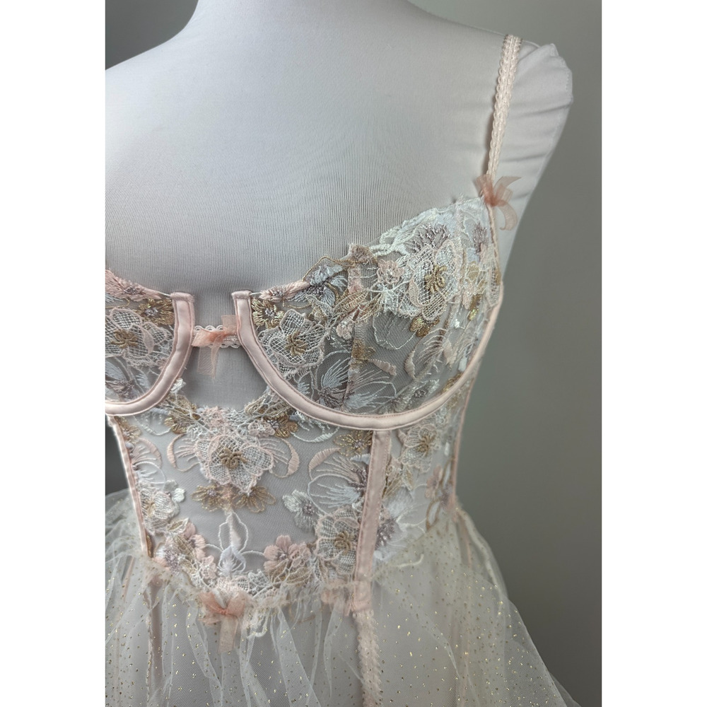 NWT For Love & Lemons Mae Teddy W/ Garters Babydoll Lingerie Pink Shimmer Med M - Picture 6 of 16